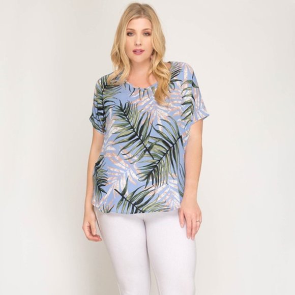 Boutique Tops - XL Blue Palm Blouse